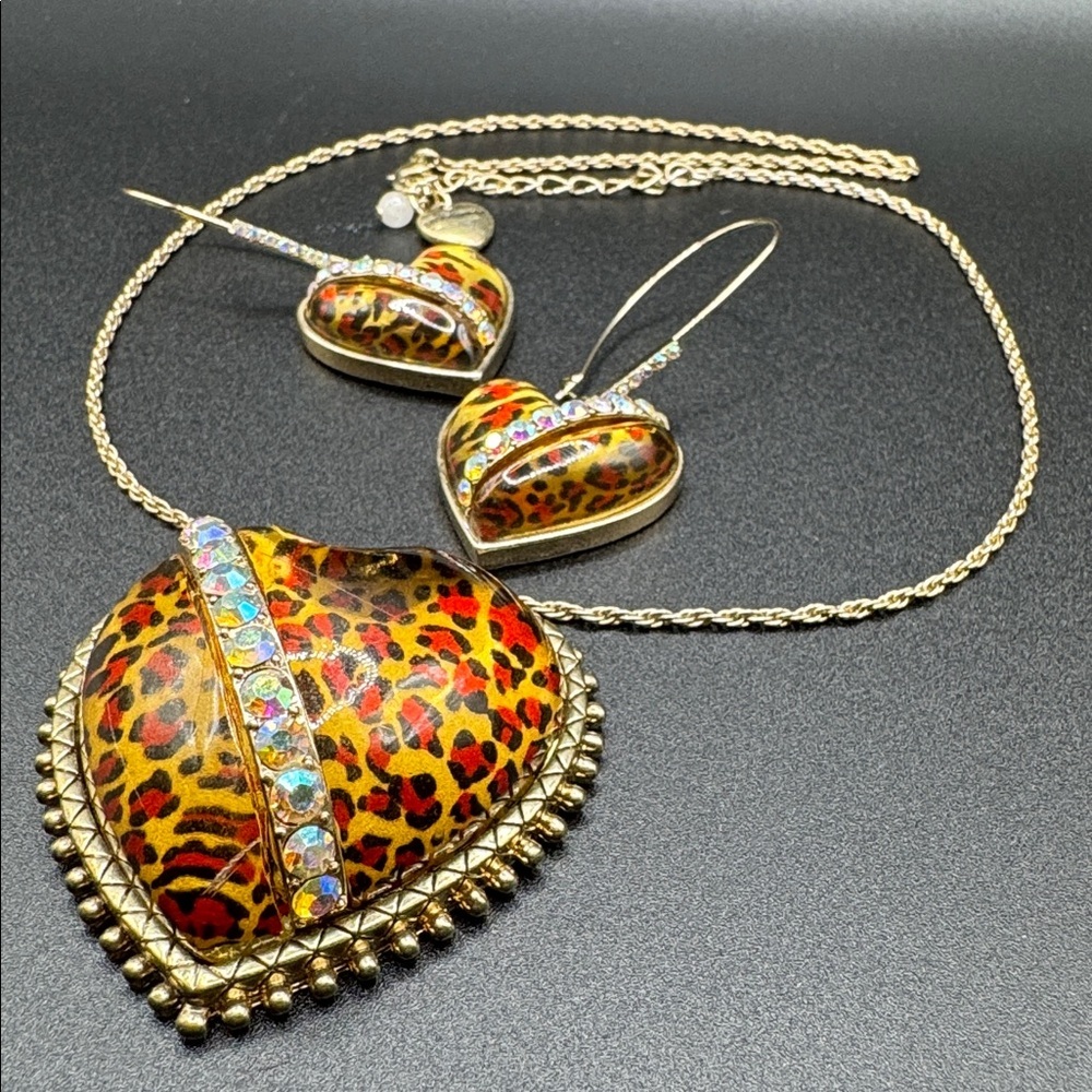 Betsey Johnson Leopard-Print Heart Necklace and Earring Set - Picture 3 of 6
